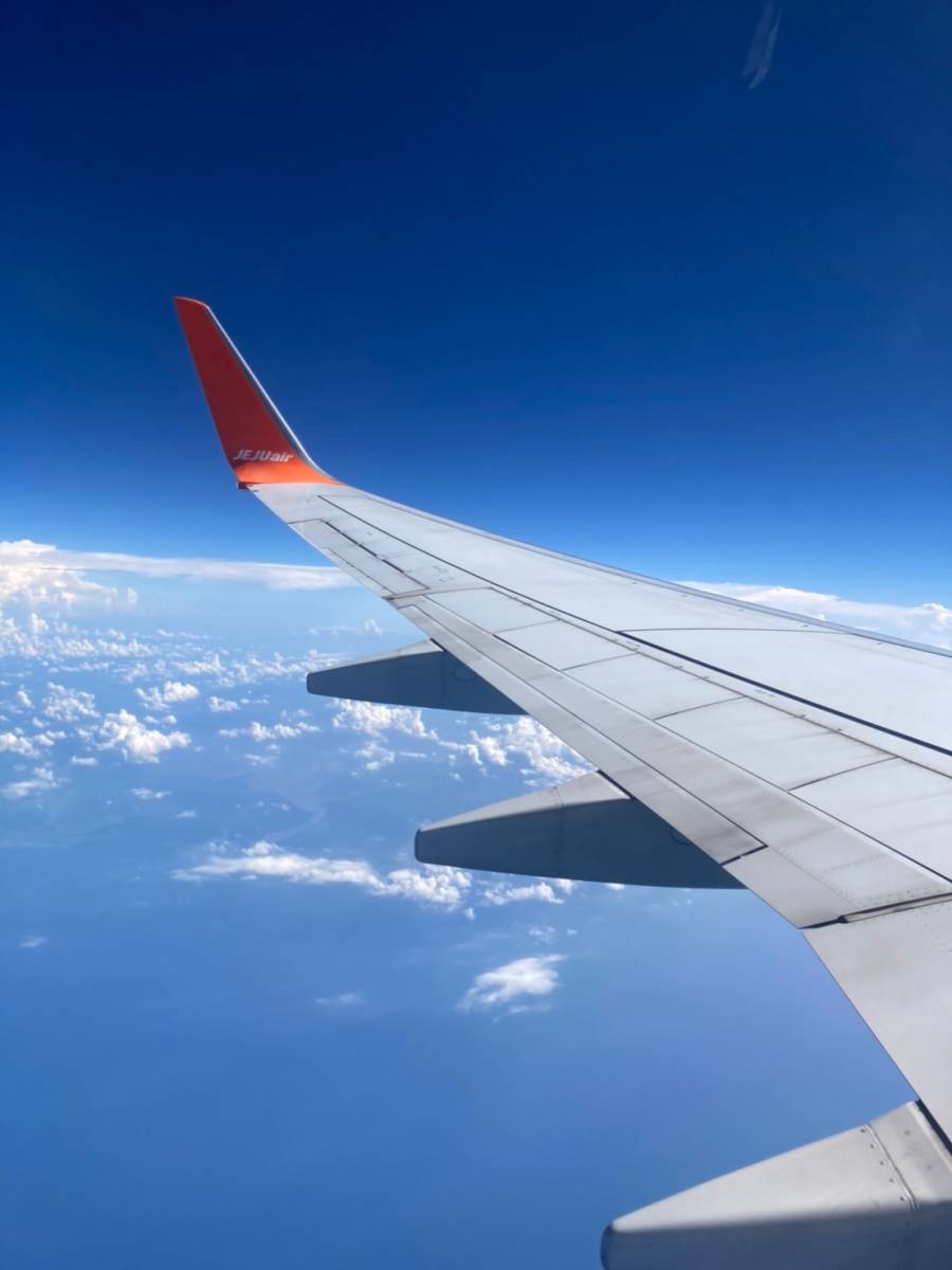 飛行中の飛行機の翼と青空